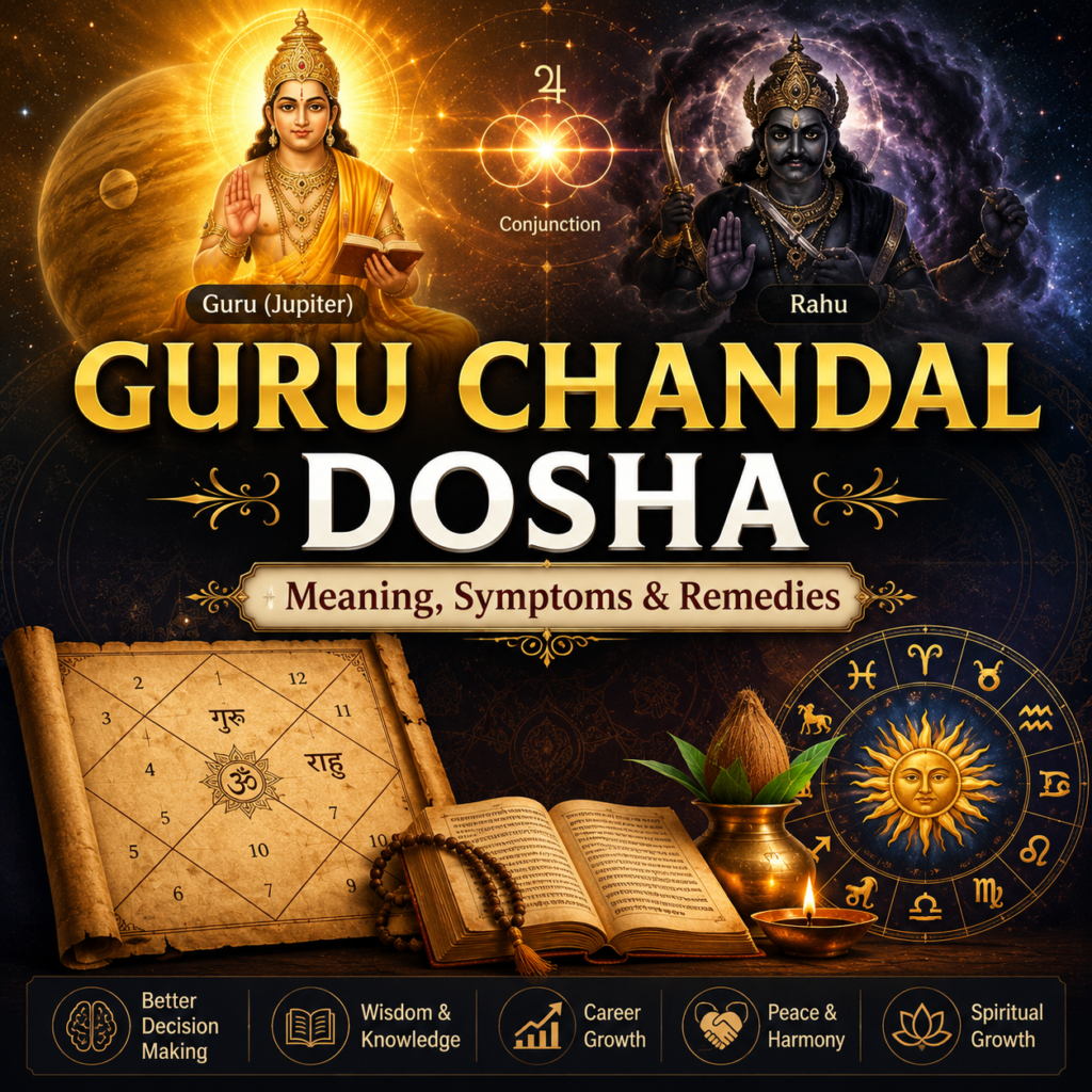 Guru Chandal Dosha in Vedic Astrology showing Jupiter, Rahu, Kundli chart, meaning, symptoms and remedies.